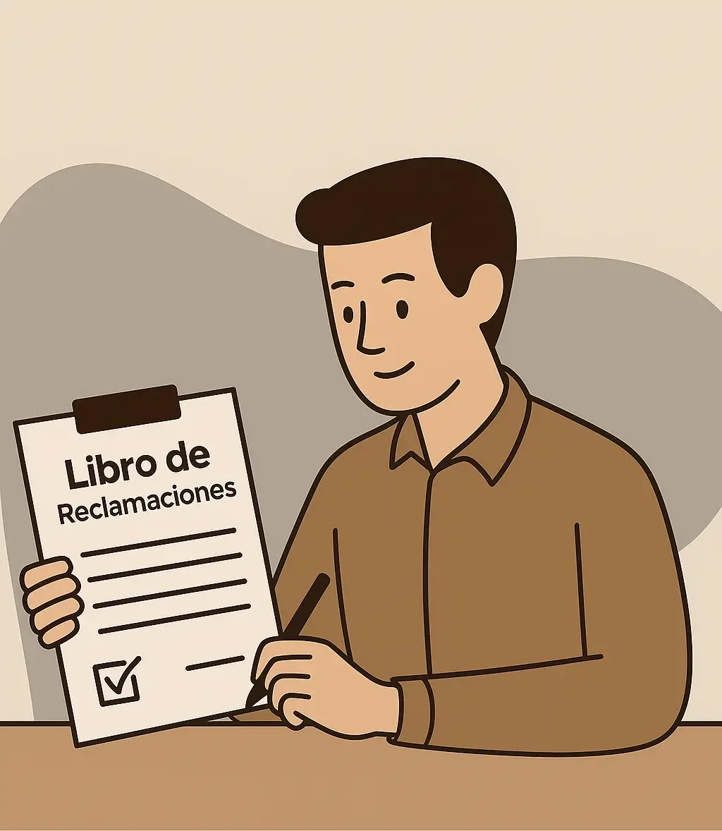 Ilustración en estilo flat de un paciente llenando el Libro de Reclamaciones en Clínica Dental Cano