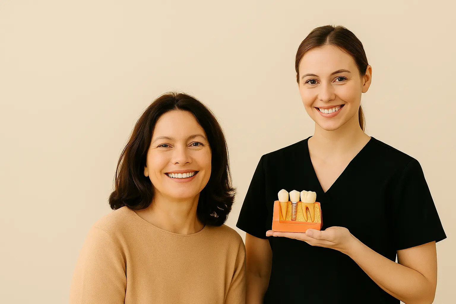 Dentista mostrando un modelo dental de implante sobre fondo crema