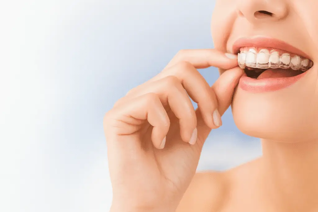 Paciente en Clínica Dental Cano colocando un alineador invisible en sus dientes, tratamiento de ortodoncia estética en Miraflores, Lima.