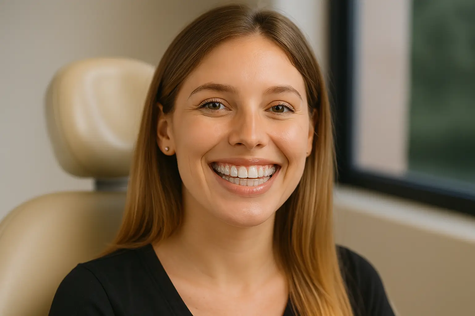 Mujer joven sonriente en sillón dental con alineadores invisibles en Clínica Dental Cano, Miraflores