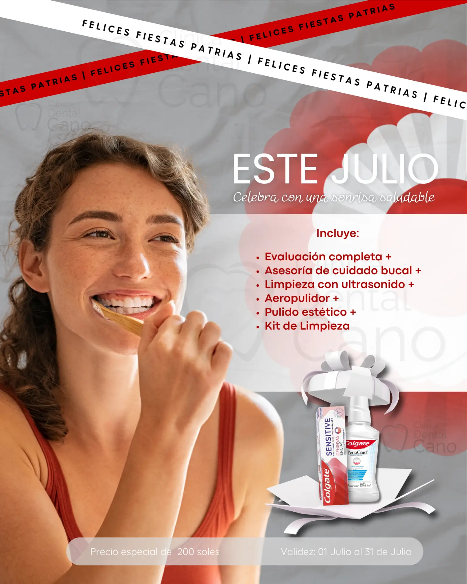 Promoción de Fiestas Patrias de limpieza dental en Clínica Dental Cano por S/200